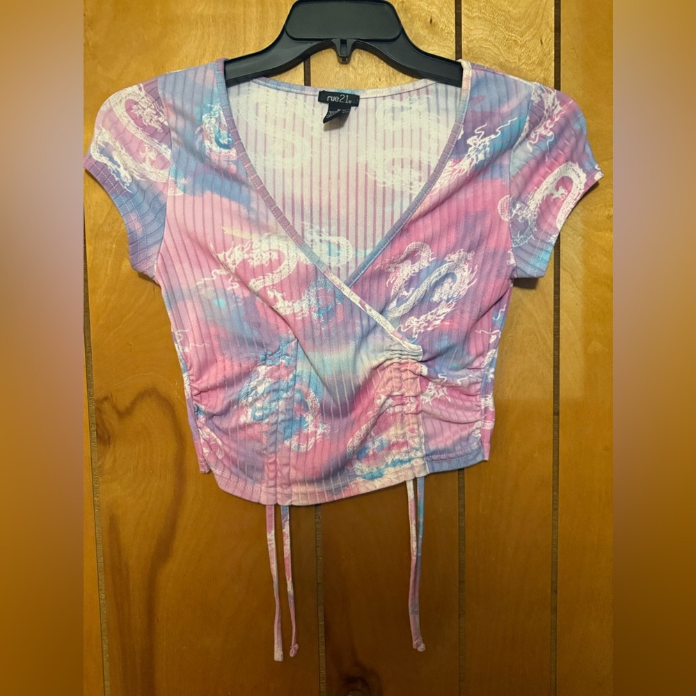 Rue21 Pink and Blue Dragon Print Wrap Blouse